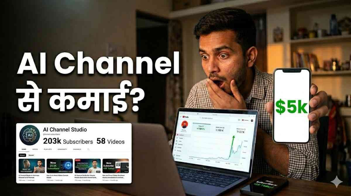 AI YouTube Automation सीखता हुआ एक भारतीय कंटेंट क्रिएटर लैपटॉप पर काम करते हुए